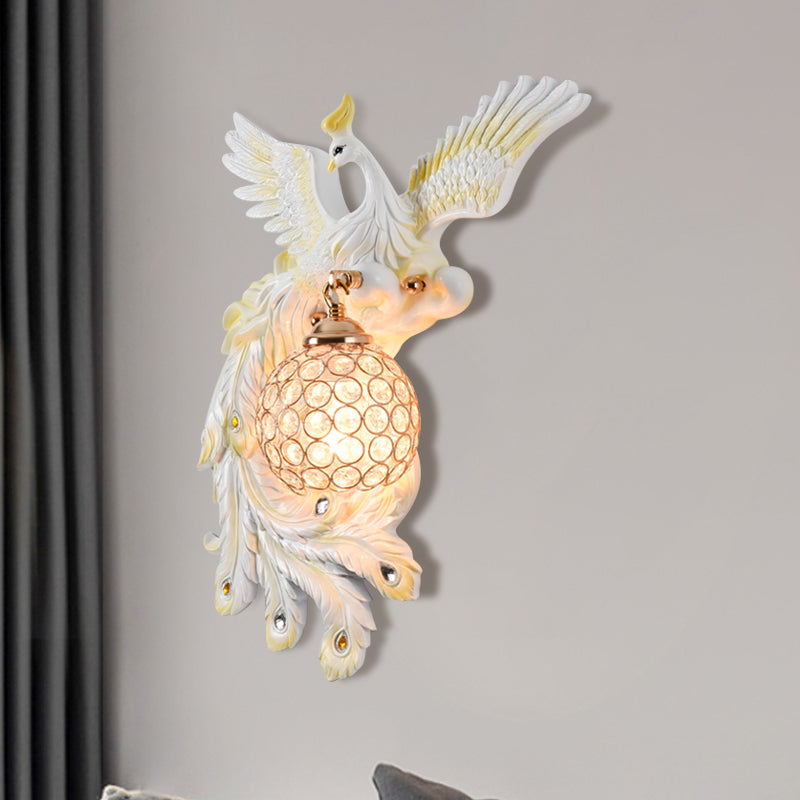 1 Bulb Flying Peacock Wall Mount Light Countryside White/Green/Gold Resin Wall Lighting Idea with Beveled K9 Crystal Shade, Left/Right Clearhalo 'Wall Lamps & Sconces' 'Wall Lights' Lighting' 1713102