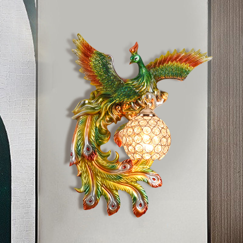 1 Bulb Flying Peacock Wall Mount Light Countryside White/Green/Gold Resin Wall Lighting Idea with Beveled K9 Crystal Shade, Left/Right Green Left Clearhalo 'Wall Lamps & Sconces' 'Wall Lights' Lighting' 1713105