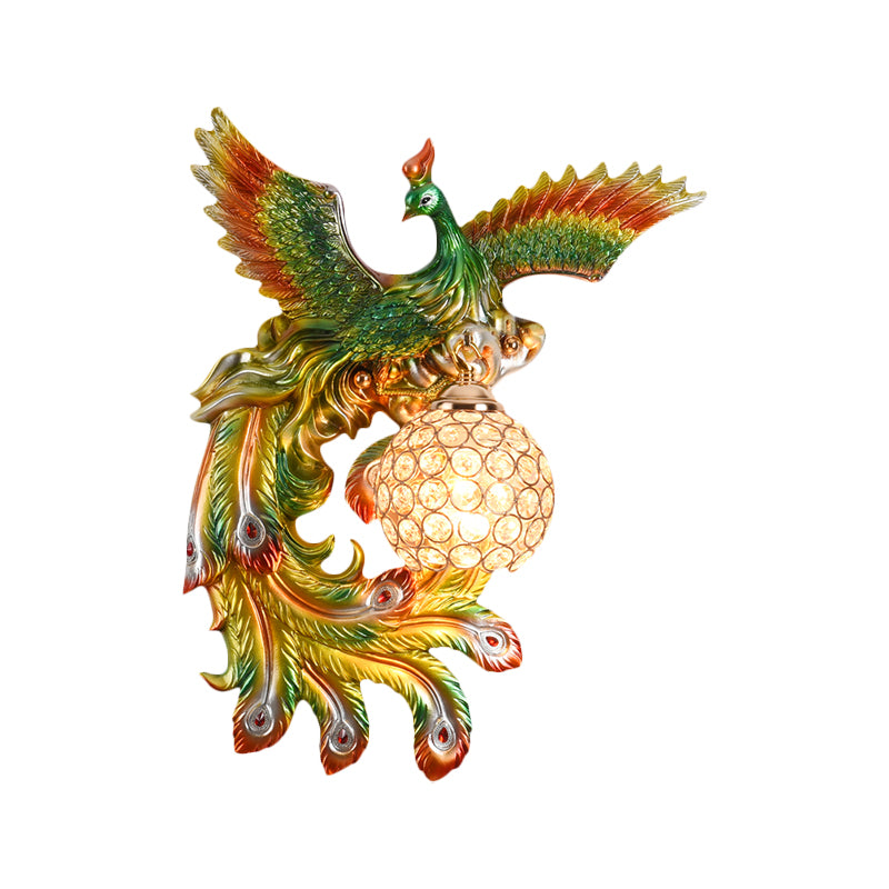 1 Bulb Flying Peacock Wall Mount Light Countryside White/Green/Gold Resin Wall Lighting Idea with Beveled K9 Crystal Shade, Left/Right Clearhalo 'Wall Lamps & Sconces' 'Wall Lights' Lighting' 1713108