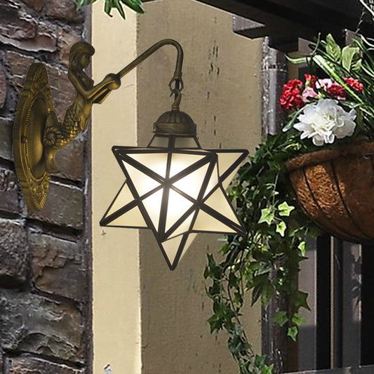 White Glass Star Sconce Lighting Tiffany 1 Head Antique Brass Wall Mount Light with Mermaid Backplate Clearhalo 'Industrial' 'Middle century wall lights' 'Tiffany wall lights' 'Tiffany' 'Wall Lamps & Sconces' 'Wall Lights' Lighting' 171311