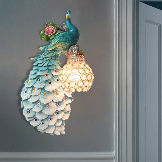 Clear Beveled Crystal Ball Sconce Rustic Single Bulb Hallway Wall Mounted Light with Peacock and Rose Decor in White/Blue/Green, Left/Right Clearhalo 'Wall Lamps & Sconces' 'Wall Lights' Lighting' 1713127