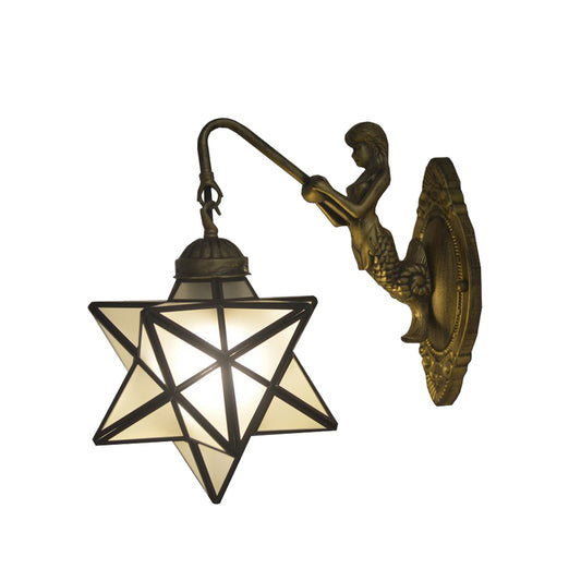White Glass Star Sconce Lighting Tiffany 1 Head Antique Brass Wall Mount Light with Mermaid Backplate Clearhalo 'Industrial' 'Middle century wall lights' 'Tiffany wall lights' 'Tiffany' 'Wall Lamps & Sconces' 'Wall Lights' Lighting' 171312