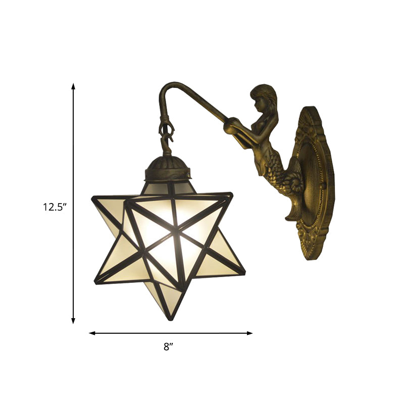 White Glass Star Sconce Lighting Tiffany 1 Head Antique Brass Wall Mount Light with Mermaid Backplate Clearhalo 'Industrial' 'Middle century wall lights' 'Tiffany wall lights' 'Tiffany' 'Wall Lamps & Sconces' 'Wall Lights' Lighting' 171313