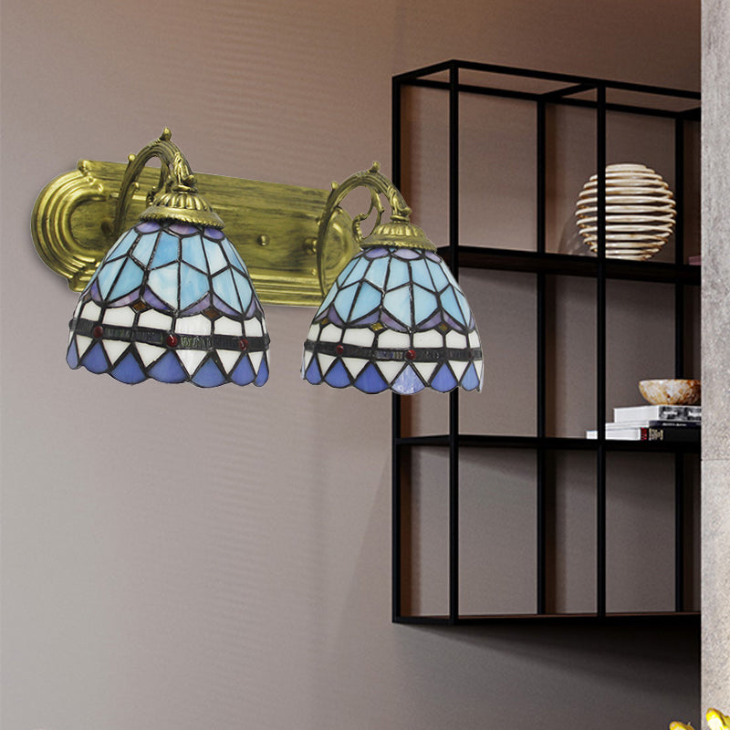 2 Heads Dome Sconce Lamp Baroque Style Blue Glass Wall Lighting for Bathroom Blue Clearhalo 'Industrial' 'Middle century wall lights' 'Tiffany wall lights' 'Tiffany' 'Wall Lamps & Sconces' 'Wall Lights' Lighting' 171314