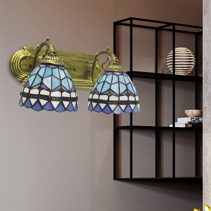 2 Heads Dome Sconce Lamp Baroque Style Blue Glass Wall Lighting for Bathroom Blue Clearhalo 'Industrial' 'Middle century wall lights' 'Tiffany wall lights' 'Tiffany' 'Wall Lamps & Sconces' 'Wall Lights' Lighting' 171314