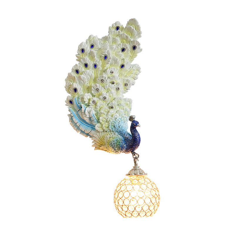 1 Head Wall Lighting Idea Retro Style Left/Right Peacock Resin Wall Sconce Light with Clear K9 Crystal Shade in White/Blue/Green Clearhalo 'Wall Lamps & Sconces' 'Wall Lights' Lighting' 1713144