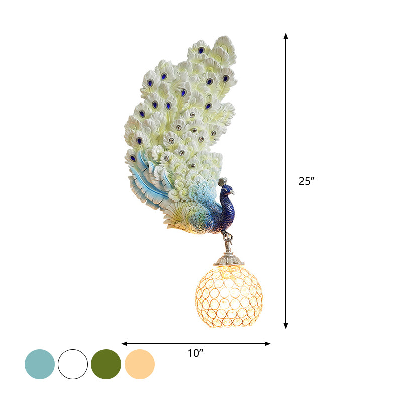 1 Head Wall Lighting Idea Retro Style Left/Right Peacock Resin Wall Sconce Light with Clear K9 Crystal Shade in White/Blue/Green Clearhalo 'Wall Lamps & Sconces' 'Wall Lights' Lighting' 1713145