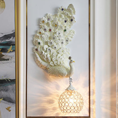 1 Head Wall Lighting Idea Retro Style Left/Right Peacock Resin Wall Sconce Light with Clear K9 Crystal Shade in White/Blue/Green White Left Clearhalo 'Wall Lamps & Sconces' 'Wall Lights' Lighting' 1713146