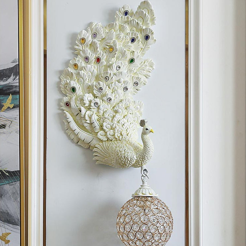1 Head Wall Lighting Idea Retro Style Left/Right Peacock Resin Wall Sconce Light with Clear K9 Crystal Shade in White/Blue/Green Clearhalo 'Wall Lamps & Sconces' 'Wall Lights' Lighting' 1713147