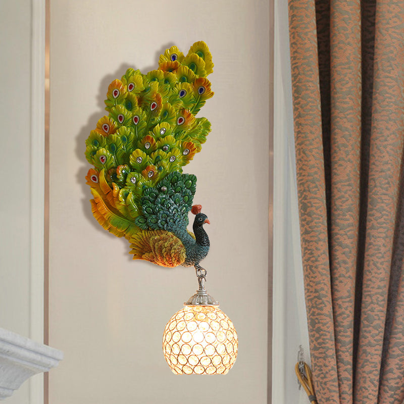 1 Head Wall Lighting Idea Retro Style Left/Right Peacock Resin Wall Sconce Light with Clear K9 Crystal Shade in White/Blue/Green Clearhalo 'Wall Lamps & Sconces' 'Wall Lights' Lighting' 1713152