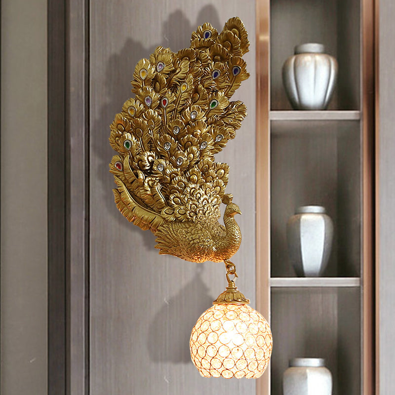 1 Head Wall Lighting Idea Retro Style Left/Right Peacock Resin Wall Sconce Light with Clear K9 Crystal Shade in White/Blue/Green Gold Left Clearhalo 'Wall Lamps & Sconces' 'Wall Lights' Lighting' 1713154