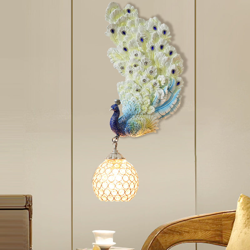 1 Head Wall Lighting Idea Retro Style Left/Right Peacock Resin Wall Sconce Light with Clear K9 Crystal Shade in White/Blue/Green Blue Right Clearhalo 'Wall Lamps & Sconces' 'Wall Lights' Lighting' 1713158