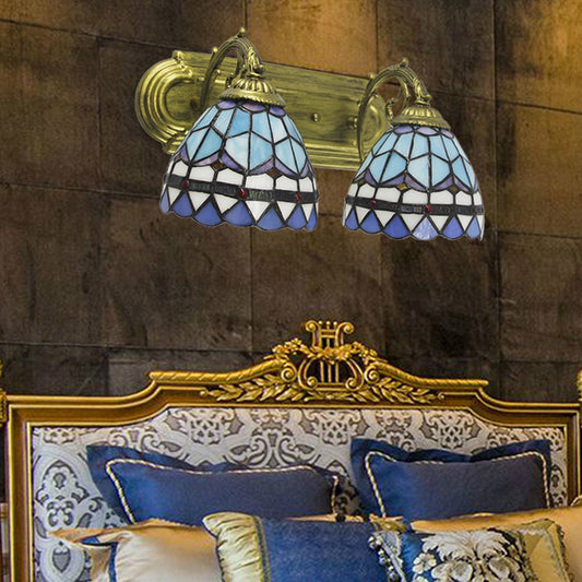 2 Heads Dome Sconce Lamp Baroque Style Blue Glass Wall Lighting for Bathroom Clearhalo 'Industrial' 'Middle century wall lights' 'Tiffany wall lights' 'Tiffany' 'Wall Lamps & Sconces' 'Wall Lights' Lighting' 171315
