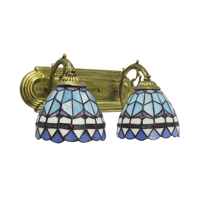2 Heads Dome Sconce Lamp Baroque Style Blue Glass Wall Lighting for Bathroom Clearhalo 'Industrial' 'Middle century wall lights' 'Tiffany wall lights' 'Tiffany' 'Wall Lamps & Sconces' 'Wall Lights' Lighting' 171316