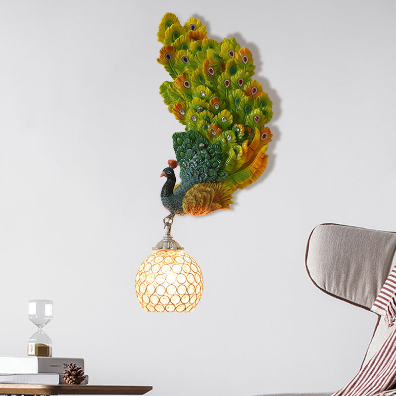 1 Head Wall Lighting Idea Retro Style Left/Right Peacock Resin Wall Sconce Light with Clear K9 Crystal Shade in White/Blue/Green Green Right Clearhalo 'Wall Lamps & Sconces' 'Wall Lights' Lighting' 1713167