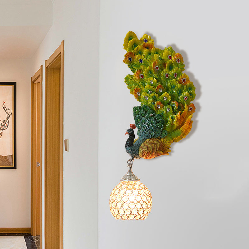 1 Head Wall Lighting Idea Retro Style Left/Right Peacock Resin Wall Sconce Light with Clear K9 Crystal Shade in White/Blue/Green Clearhalo 'Wall Lamps & Sconces' 'Wall Lights' Lighting' 1713168