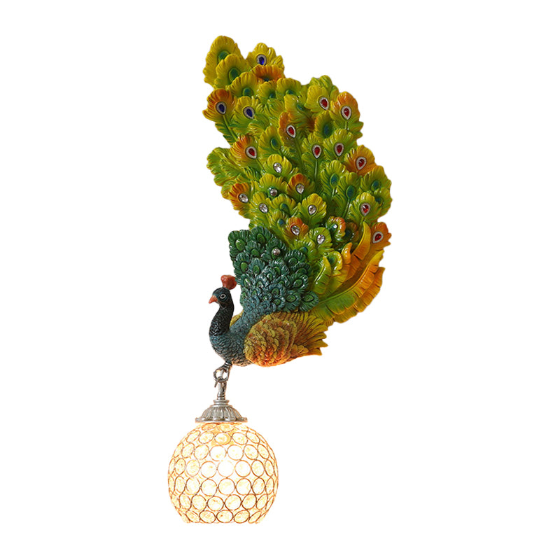 1 Head Wall Lighting Idea Retro Style Left/Right Peacock Resin Wall Sconce Light with Clear K9 Crystal Shade in White/Blue/Green Clearhalo 'Wall Lamps & Sconces' 'Wall Lights' Lighting' 1713170