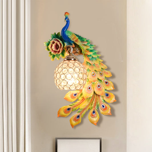 Resin Flower and Peacock Wall Lamp Warehouse 1-Head Dining Room Wall Mounted Fixture with Clear K9 Crystal Shade in White/Yellow/Orange, Left/Right Clearhalo 'Wall Lamps & Sconces' 'Wall Lights' Lighting' 1713176