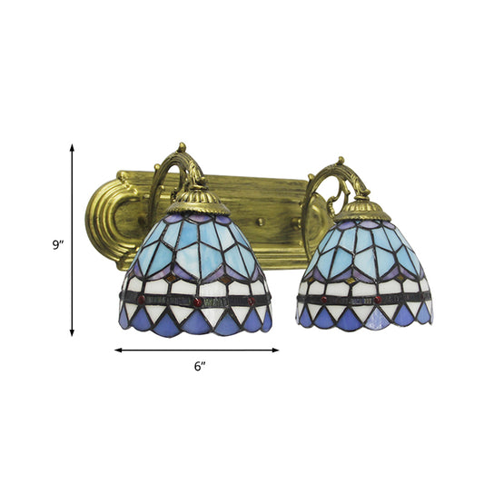 2 Heads Dome Sconce Lamp Baroque Style Blue Glass Wall Lighting for Bathroom Clearhalo 'Industrial' 'Middle century wall lights' 'Tiffany wall lights' 'Tiffany' 'Wall Lamps & Sconces' 'Wall Lights' Lighting' 171317