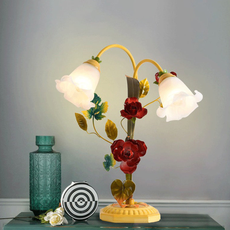 Frosted Glass Yellow Table Lamp Flower Single Bulb Antique Rose Night Light with Arched Arm Yellow Clearhalo 'Lamps' 'Table Lamps' Lighting' 1713228