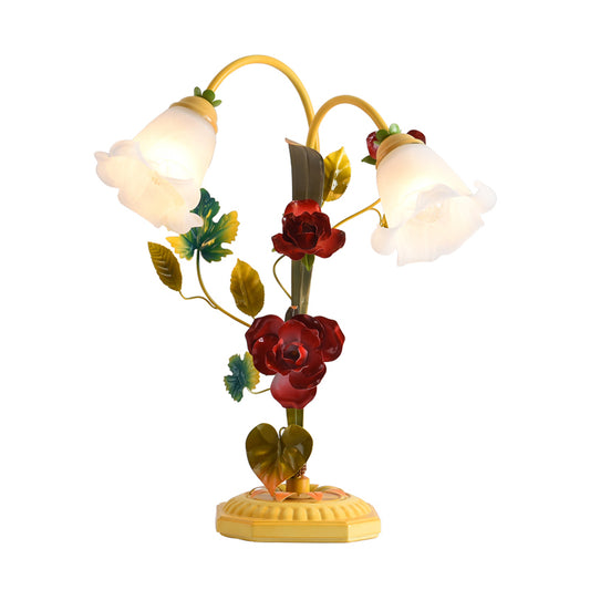 Frosted Glass Yellow Table Lamp Flower Single Bulb Antique Rose Night Light with Arched Arm Clearhalo 'Lamps' 'Table Lamps' Lighting' 1713230