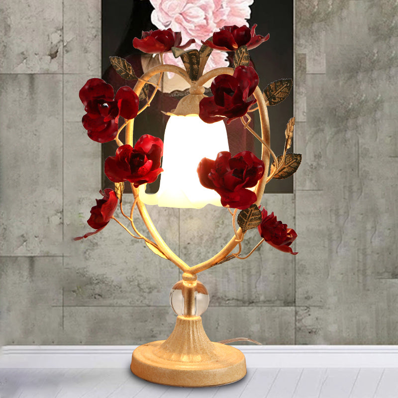 Beige/Blue Single Head Night Light Classic White Glass Bloom Reading Book Lamp with Heart Frame and Rose Design Clearhalo 'Lamps' 'Table Lamps' Lighting' 1713237