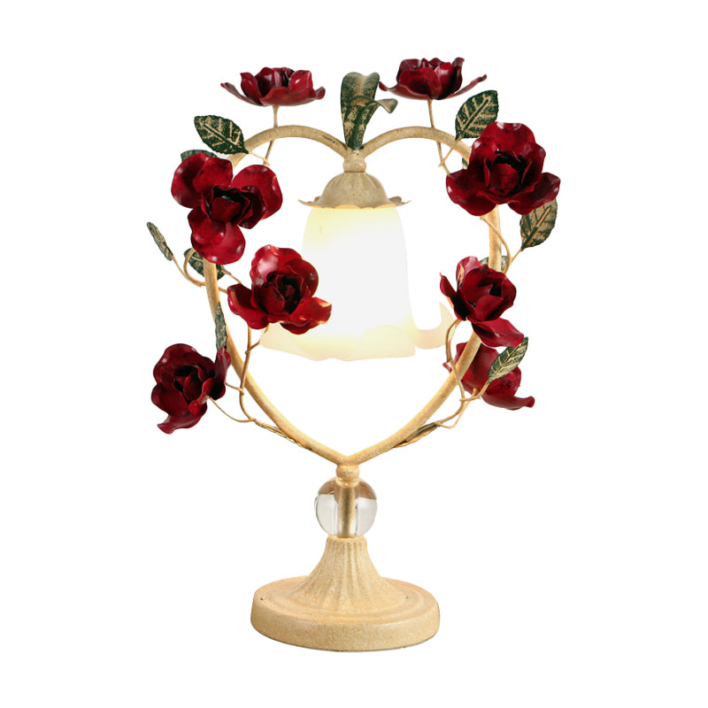 Beige/Blue Single Head Night Light Classic White Glass Bloom Reading Book Lamp with Heart Frame and Rose Design Clearhalo 'Lamps' 'Table Lamps' Lighting' 1713238