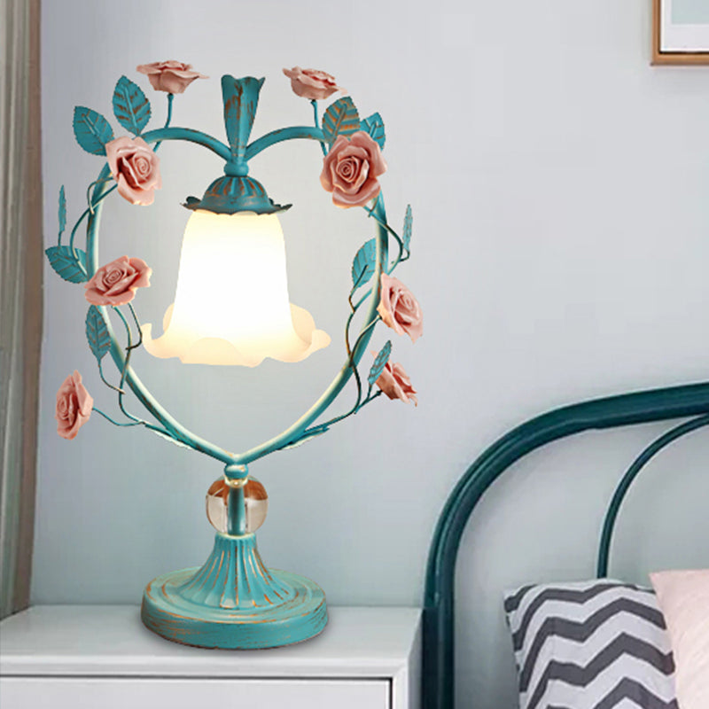 Beige/Blue Single Head Night Light Classic White Glass Bloom Reading Book Lamp with Heart Frame and Rose Design Blue Clearhalo 'Lamps' 'Table Lamps' Lighting' 1713240