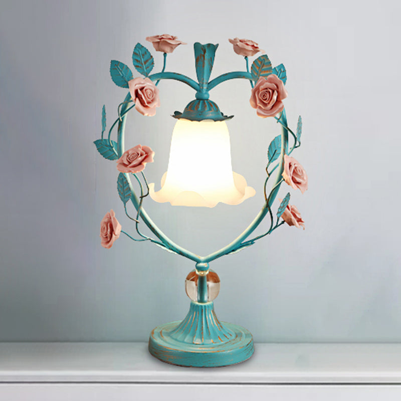 Beige/Blue Single Head Night Light Classic White Glass Bloom Reading Book Lamp with Heart Frame and Rose Design Clearhalo 'Lamps' 'Table Lamps' Lighting' 1713242