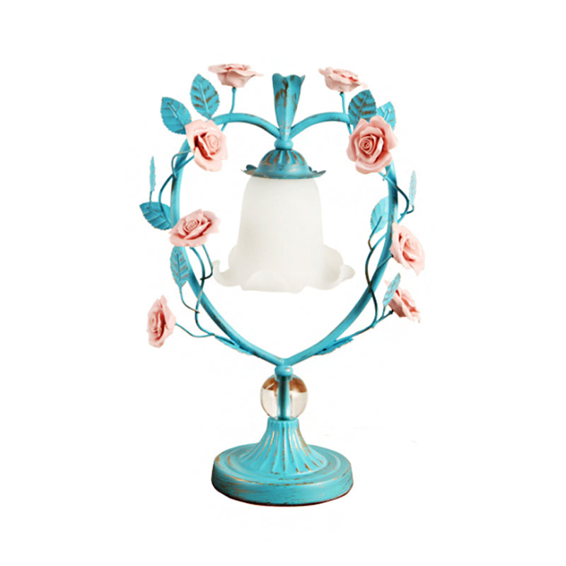Beige/Blue Single Head Night Light Classic White Glass Bloom Reading Book Lamp with Heart Frame and Rose Design Clearhalo 'Lamps' 'Table Lamps' Lighting' 1713243