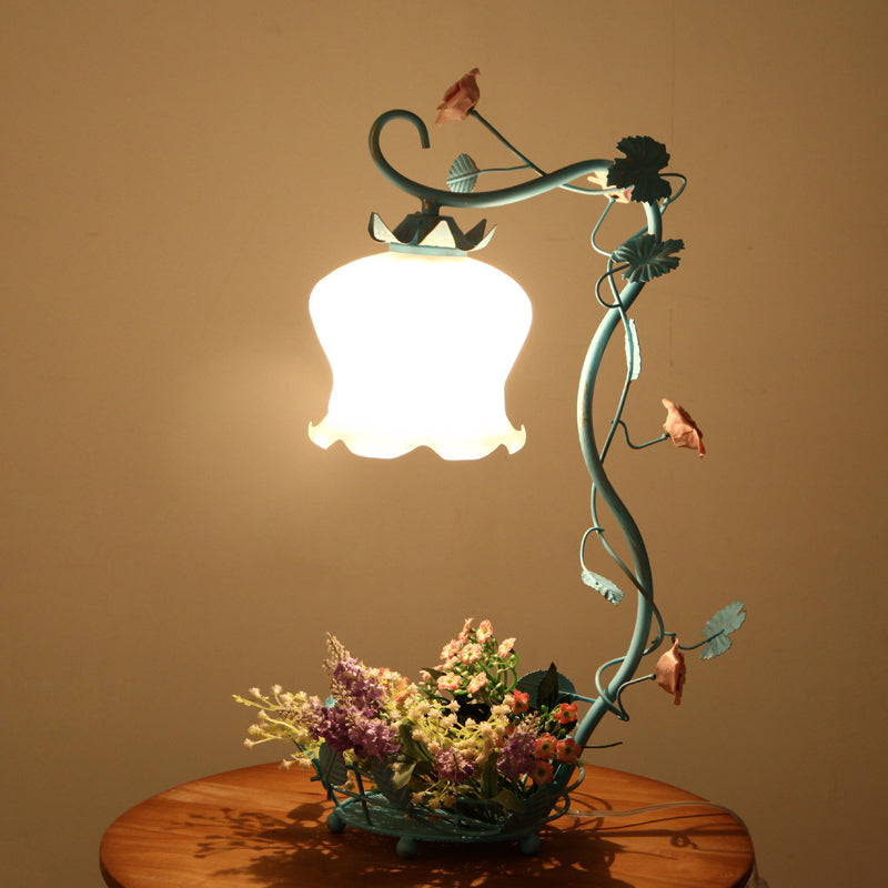 Vintage Flower Desk Lamp 1 Light Cream Glass Nightstand Lighting with Rose and Leave Decor in White/Beige/Blue Blue Clearhalo 'Lamps' 'Table Lamps' Lighting' 1713244