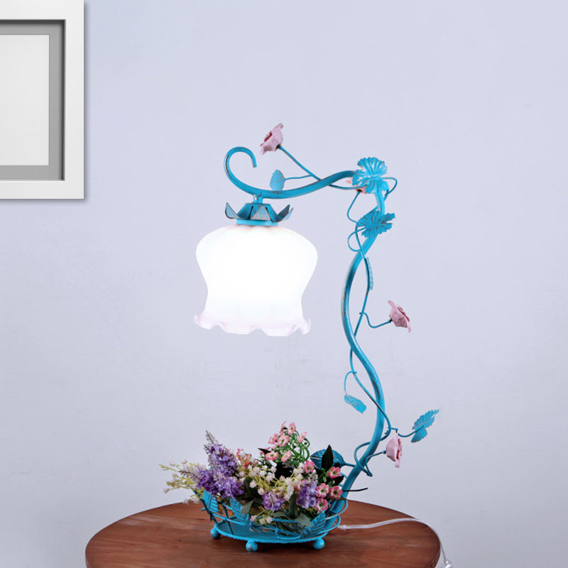 Vintage Flower Desk Lamp 1 Light Cream Glass Nightstand Lighting with Rose and Leave Decor in White/Beige/Blue Clearhalo 'Lamps' 'Table Lamps' Lighting' 1713245