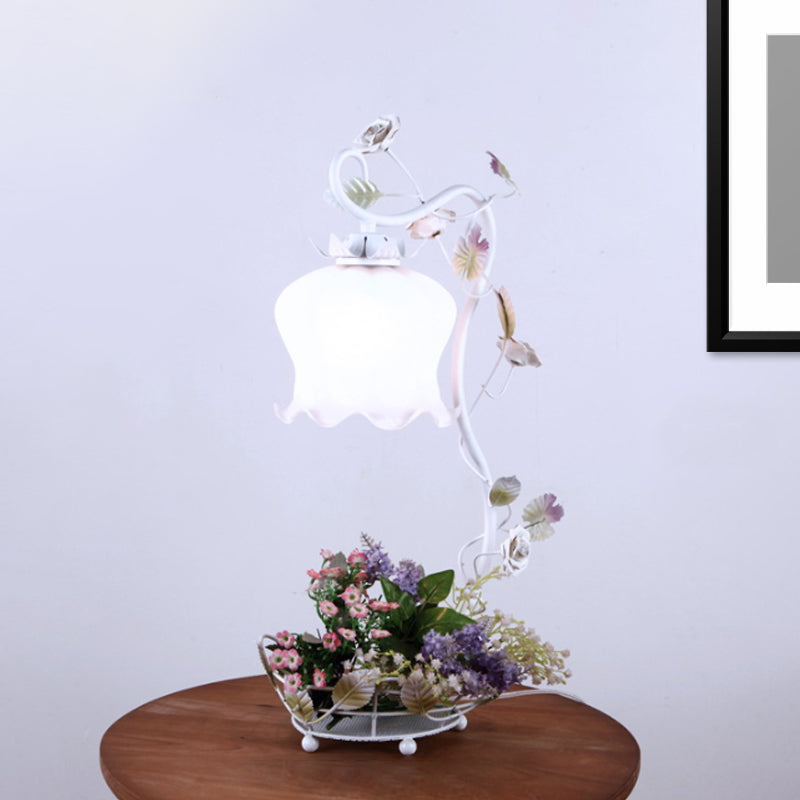 Vintage Flower Desk Lamp 1 Light Cream Glass Nightstand Lighting with Rose and Leave Decor in White/Beige/Blue Clearhalo 'Lamps' 'Table Lamps' Lighting' 1713249