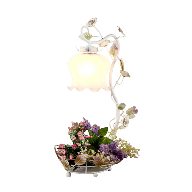 Vintage Flower Desk Lamp 1 Light Cream Glass Nightstand Lighting with Rose and Leave Decor in White/Beige/Blue Clearhalo 'Lamps' 'Table Lamps' Lighting' 1713250