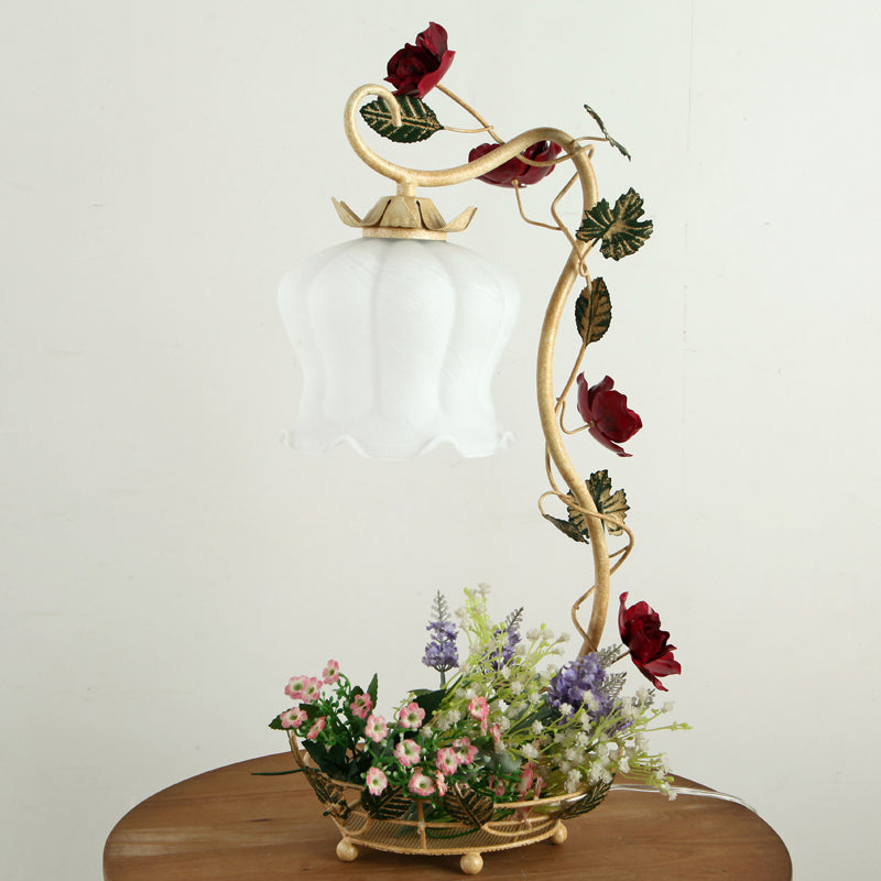 Vintage Flower Desk Lamp 1 Light Cream Glass Nightstand Lighting with Rose and Leave Decor in White/Beige/Blue Beige Clearhalo 'Lamps' 'Table Lamps' Lighting' 1713252