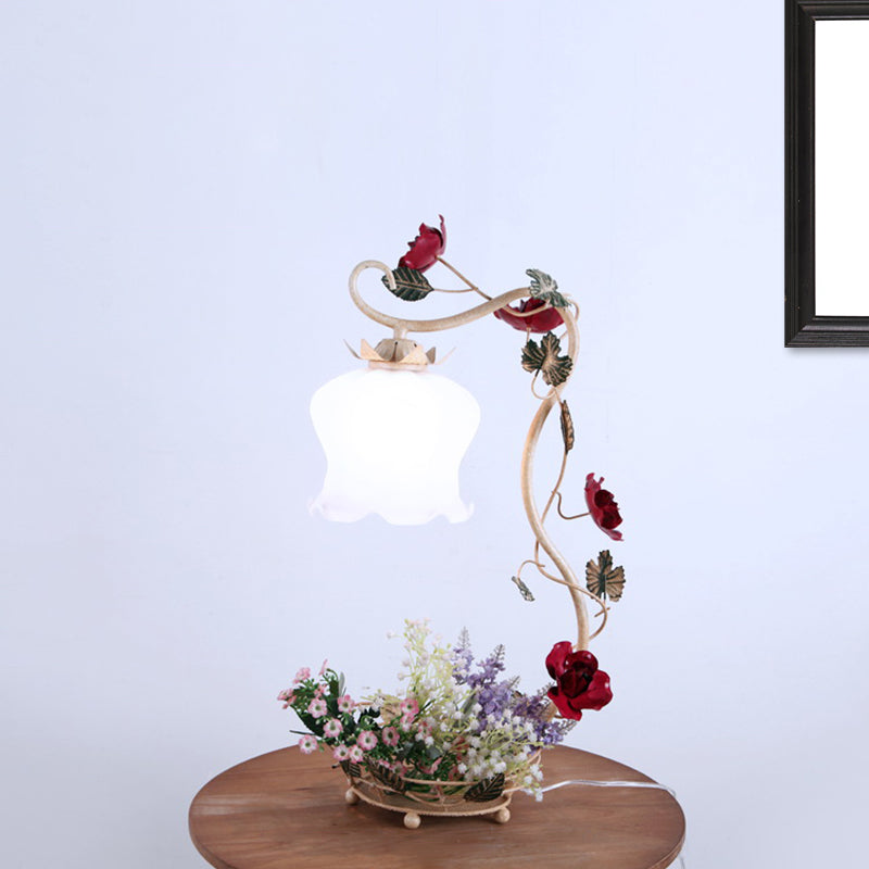 Vintage Flower Desk Lamp 1 Light Cream Glass Nightstand Lighting with Rose and Leave Decor in White/Beige/Blue Clearhalo 'Lamps' 'Table Lamps' Lighting' 1713254