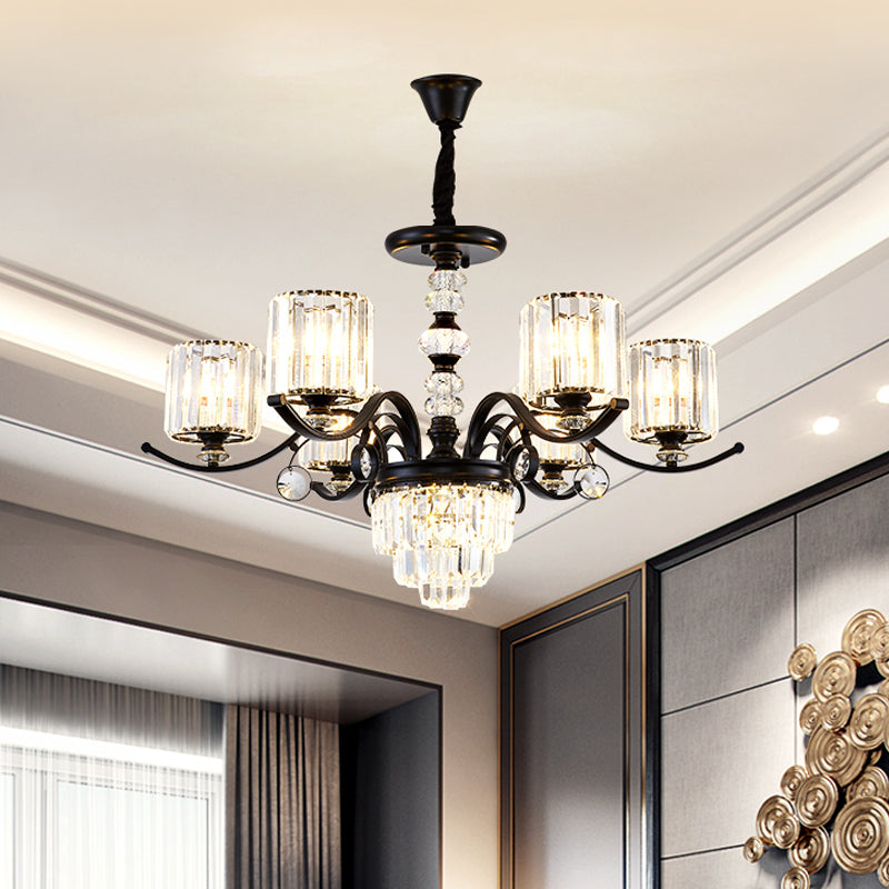 Tiered Parlor Hanging Chandelier Crystal Rectangle 6 Lights Simple Ceiling Lamp with Cylindrical Shade in Black Black Clearhalo 'Ceiling Lights' 'Chandeliers' 'Modern Chandeliers' 'Modern' Lighting' 1713276
