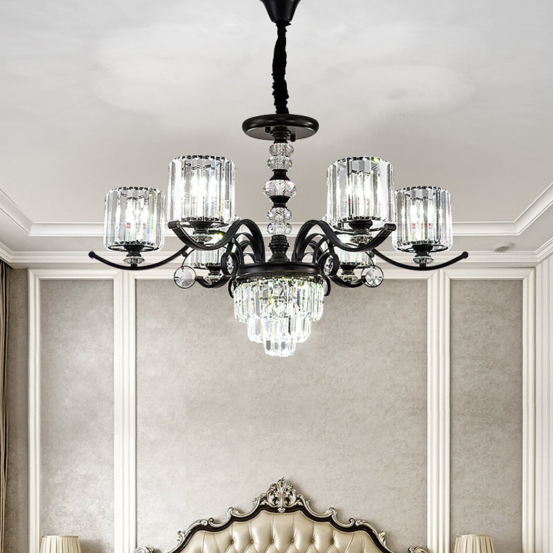 Tiered Parlor Hanging Chandelier Crystal Rectangle 6 Lights Simple Ceiling Lamp with Cylindrical Shade in Black Clearhalo 'Ceiling Lights' 'Chandeliers' 'Modern Chandeliers' 'Modern' Lighting' 1713277