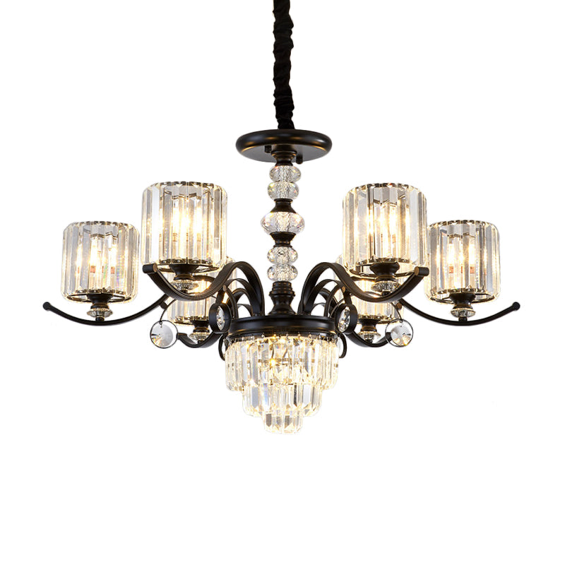 Tiered Parlor Hanging Chandelier Crystal Rectangle 6 Lights Simple Ceiling Lamp with Cylindrical Shade in Black Clearhalo 'Ceiling Lights' 'Chandeliers' 'Modern Chandeliers' 'Modern' Lighting' 1713278