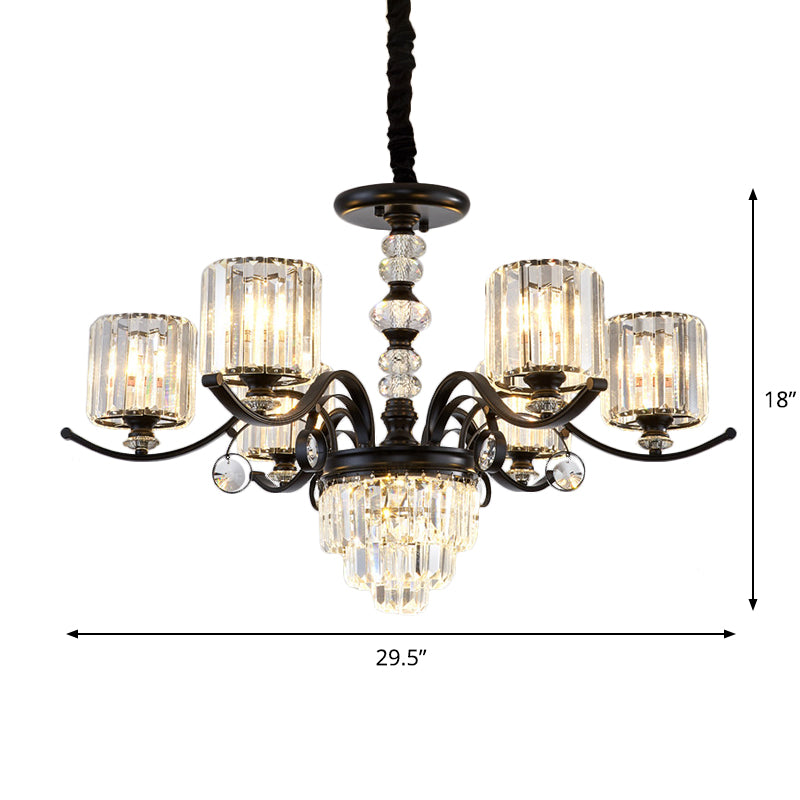 Tiered Parlor Hanging Chandelier Crystal Rectangle 6 Lights Simple Ceiling Lamp with Cylindrical Shade in Black Clearhalo 'Ceiling Lights' 'Chandeliers' 'Modern Chandeliers' 'Modern' Lighting' 1713279