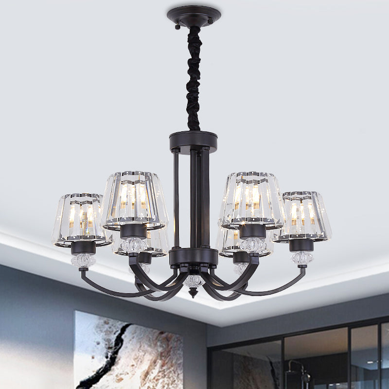 Modernist Cone Ceiling Pendant Crystal Rectangle 3/6 Lights Dining Room Hanging Chandelier in Black 6 Black Clearhalo 'Ceiling Lights' 'Chandeliers' 'Modern Chandeliers' 'Modern' Lighting' 1713316