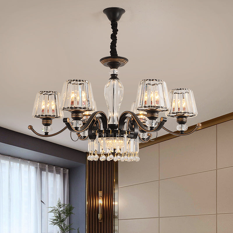 Black Conic Down Lighting Contemporary 3/6 Heads Clear Crystal Chandelier Lamp Fixture 6 Black Clearhalo 'Ceiling Lights' 'Chandeliers' 'Modern Chandeliers' 'Modern' Lighting' 1713325