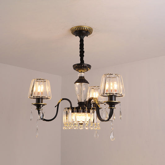 Cone Crystal Block Chandelier Light Modernism 3/6-Head Black Down Lighting Pendant with Droplet Clearhalo 'Ceiling Lights' 'Chandeliers' 'Modern Chandeliers' 'Modern' Lighting' 1713331