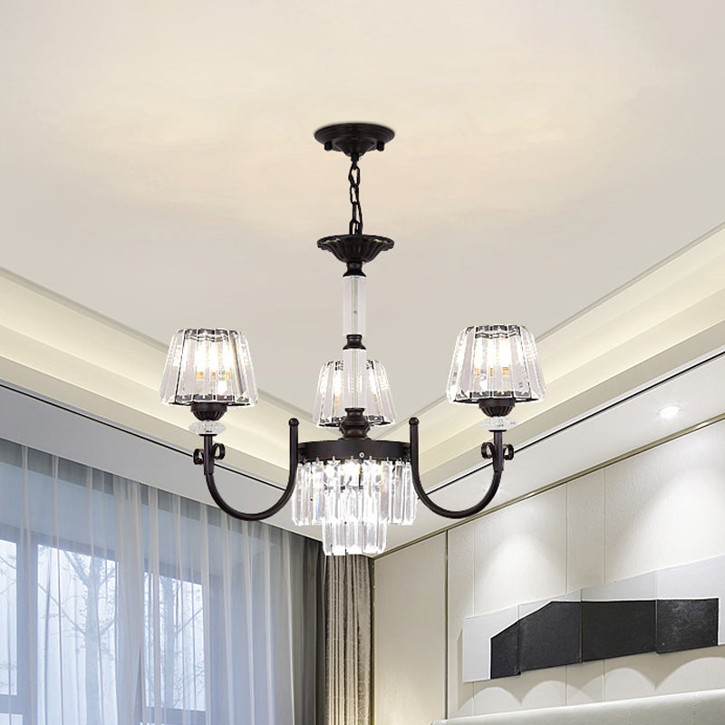 Conical Crystal Prisms Drop Pendant Modernist 3/6 Heads Black Ceiling Chandelier with Curved Arm 3 Black Clearhalo 'Ceiling Lights' 'Chandeliers' 'Modern Chandeliers' 'Modern' Lighting' 1713357