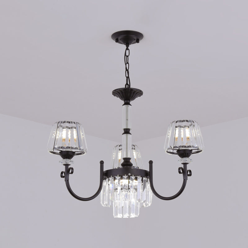 Conical Crystal Prisms Drop Pendant Modernist 3/6 Heads Black Ceiling Chandelier with Curved Arm Clearhalo 'Ceiling Lights' 'Chandeliers' 'Modern Chandeliers' 'Modern' Lighting' 1713358