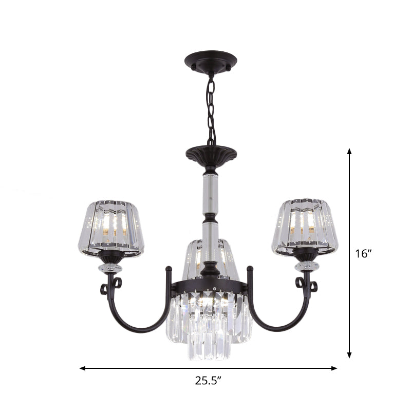 Conical Crystal Prisms Drop Pendant Modernist 3/6 Heads Black Ceiling Chandelier with Curved Arm Clearhalo 'Ceiling Lights' 'Chandeliers' 'Modern Chandeliers' 'Modern' Lighting' 1713360