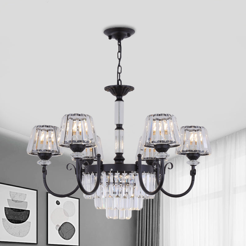 Conical Crystal Prisms Drop Pendant Modernist 3/6 Heads Black Ceiling Chandelier with Curved Arm 6 Black Clearhalo 'Ceiling Lights' 'Chandeliers' 'Modern Chandeliers' 'Modern' Lighting' 1713361