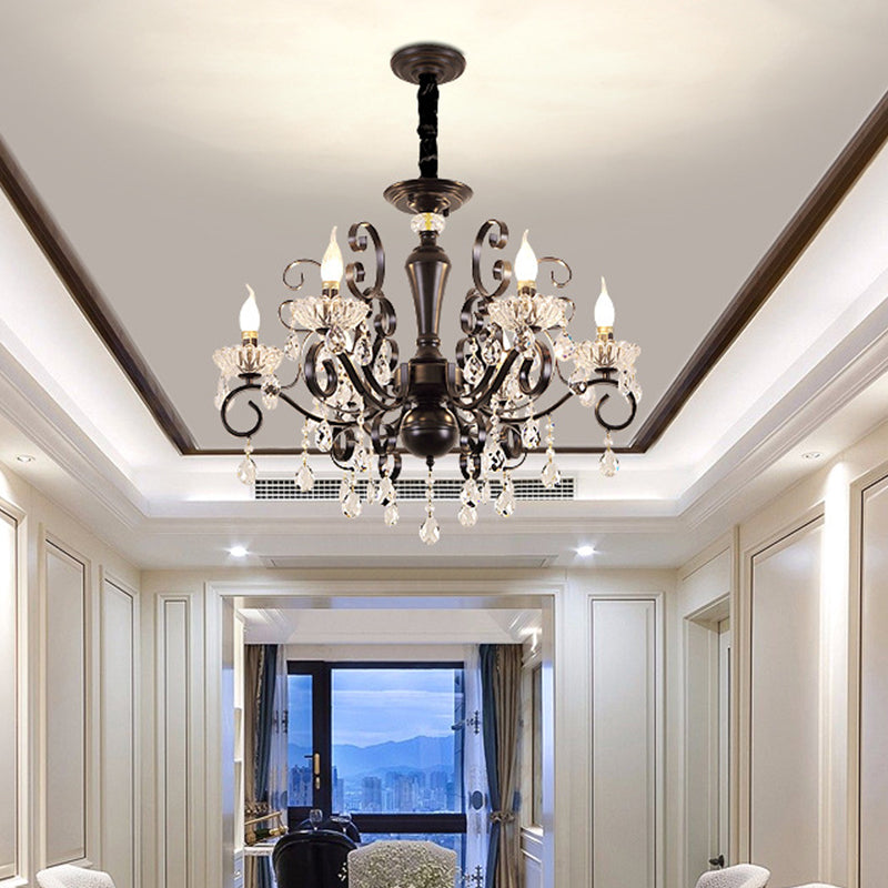 Metallic Candle Hanging Lamp Kit Minimalism 6/8 Bulbs Black Chandelier with Crystal Strands and Curvy Arm 6 Black Clearhalo 'Ceiling Lights' 'Chandeliers' 'Modern Chandeliers' 'Modern' Lighting' 1713393