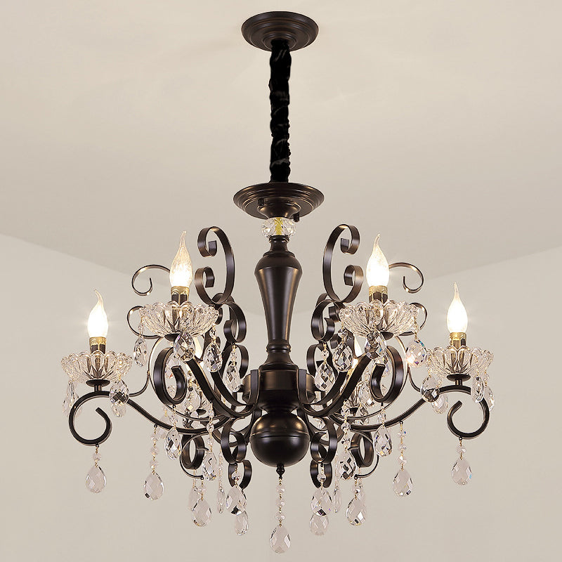 Metallic Candle Hanging Lamp Kit Minimalism 6/8 Bulbs Black Chandelier with Crystal Strands and Curvy Arm Clearhalo 'Ceiling Lights' 'Chandeliers' 'Modern Chandeliers' 'Modern' Lighting' 1713394