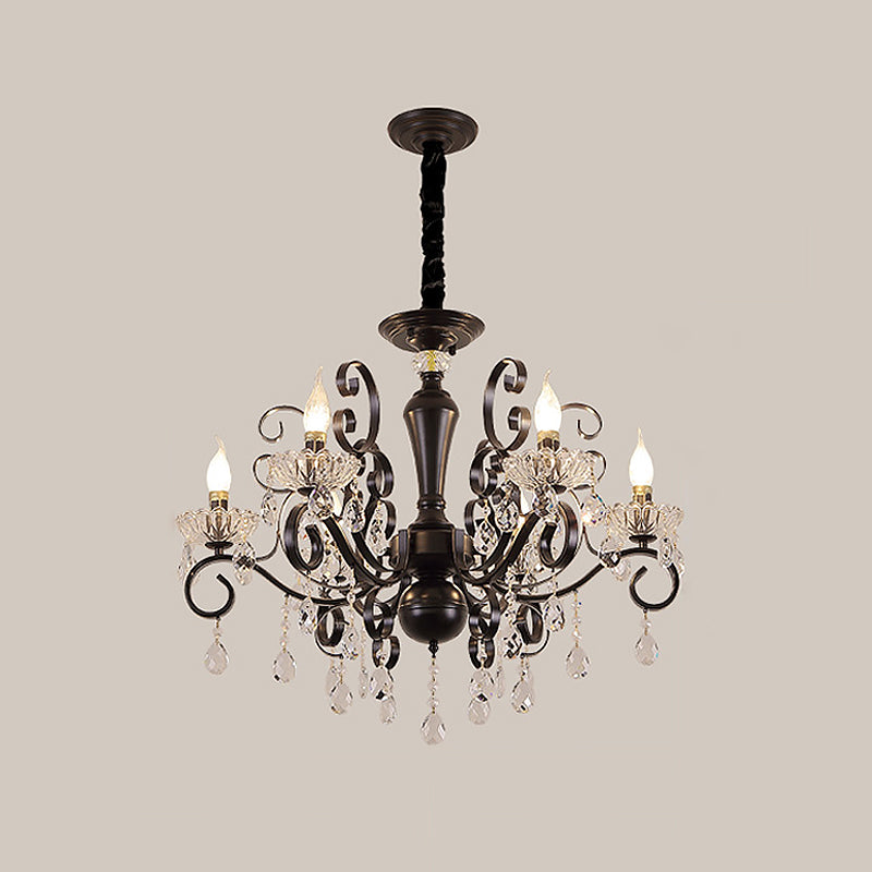 Metallic Candle Hanging Lamp Kit Minimalism 6/8 Bulbs Black Chandelier with Crystal Strands and Curvy Arm Clearhalo 'Ceiling Lights' 'Chandeliers' 'Modern Chandeliers' 'Modern' Lighting' 1713395